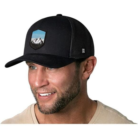 Black Trucker Hat Mountain Patch Mesh Snapback Camping Hiking Golf Cap Unisex - Picture 3 of 7